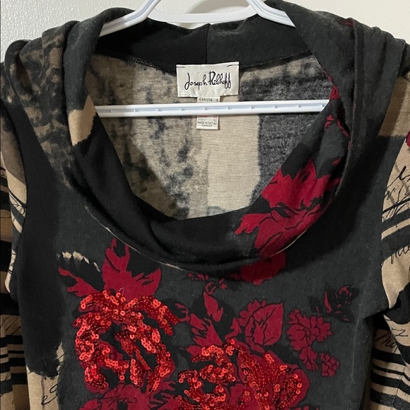 Joseph Ribkoff Black with Red Sequins Top with Cowl Neck & Hood Size 8 - Picture 2 of 6